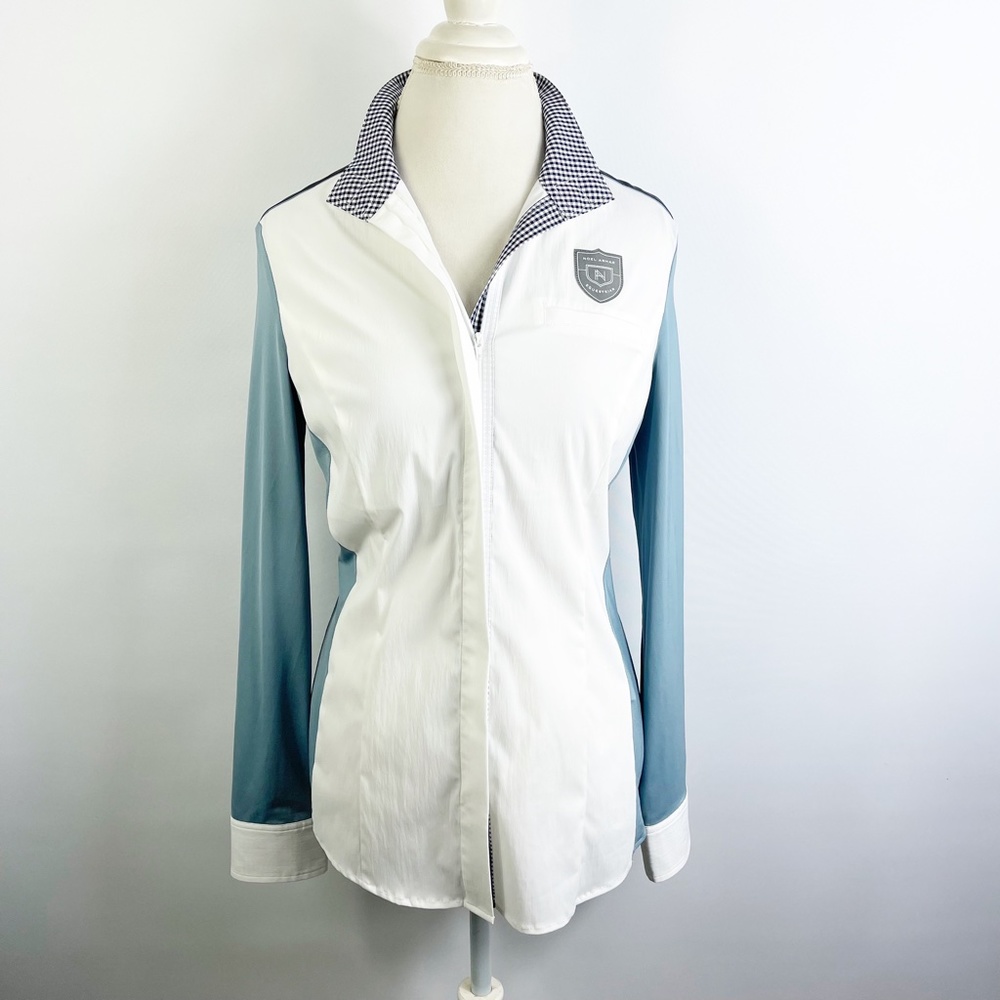 Noel Asmar Equestrian Polo Long Sleeve Top Magnet Collar White Blue Zip Up Sz S